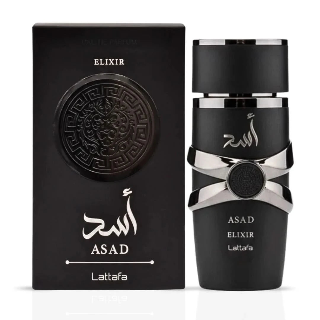 Lattafa Asad Elixir Eau de Parfum – 100ml perfume bottle with original retail box on white background