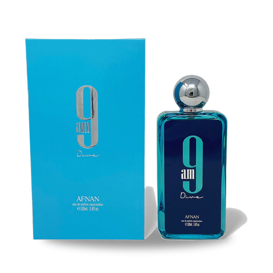 Afnan 9AM Dive Eau de Parfum – 100ml bottle with retail packaging on white background