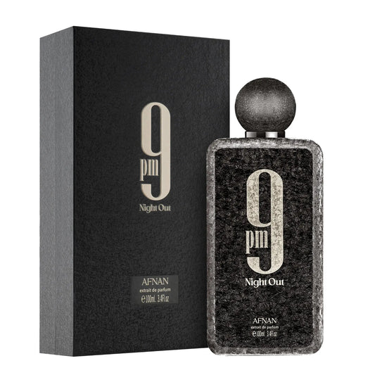 Afnan 9 PM Night Out Extrait de Parfum 100ml perfume bottle with original retail box on white background