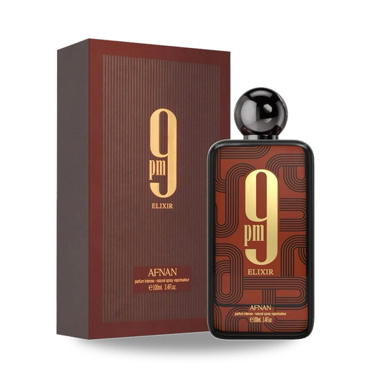 Afnan 9PM Elixir – 100ml bottle with retail packaging on white background