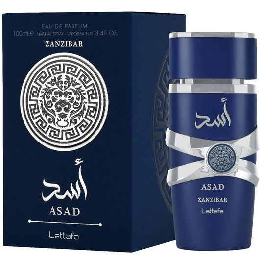 Lattafa Asad Zanzibar Eau de Parfum 100ml perfume bottle with original retail box on white background