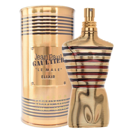 Jean Paul Gaultier Le Male Elixir Parfum 125ml perfume bottle with original retail box on white background