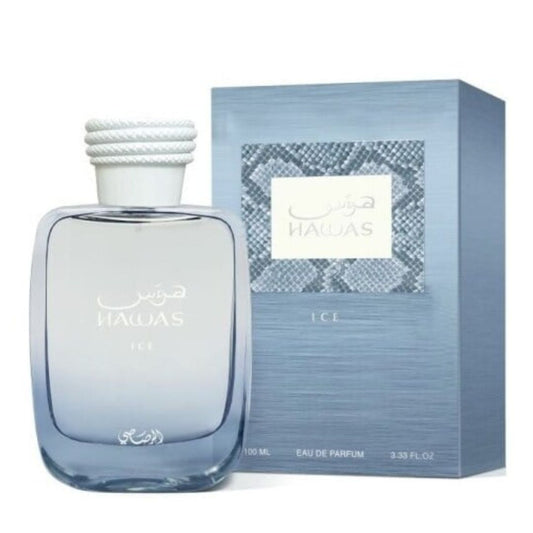 Rasasi Hawas Ice Eau de Parfum – 100ml perfume bottle with original retail box on white background