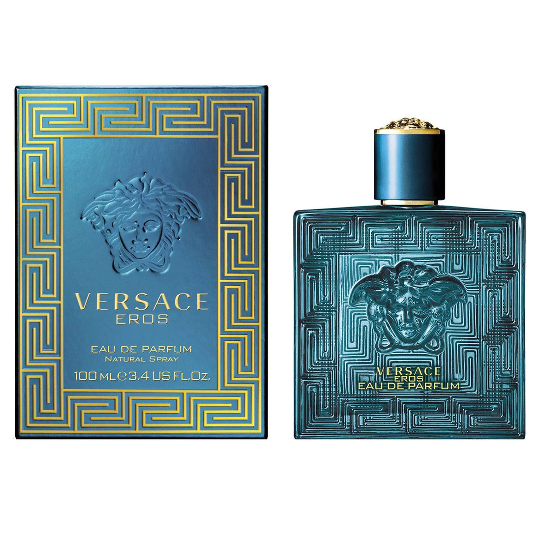 Versace Eros Eau de Parfum 100ml perfume bottle with original retail box on white background