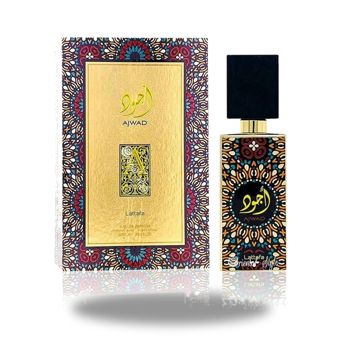 Lattafa Ajwad Eau de Parfum – 100ml bottle with retail packaging on white background