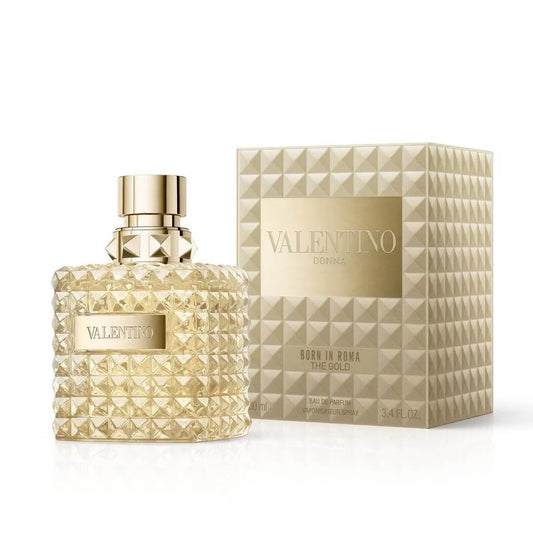 Valentino Donna Born in Roma The Gold Eau de Parfum 100ml perfume bottle with original retail box on white background