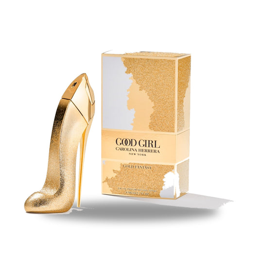 Carolina Herrera Good Girl Gold Fantasy Parfum – 80ml bottle with retail packaging on white background