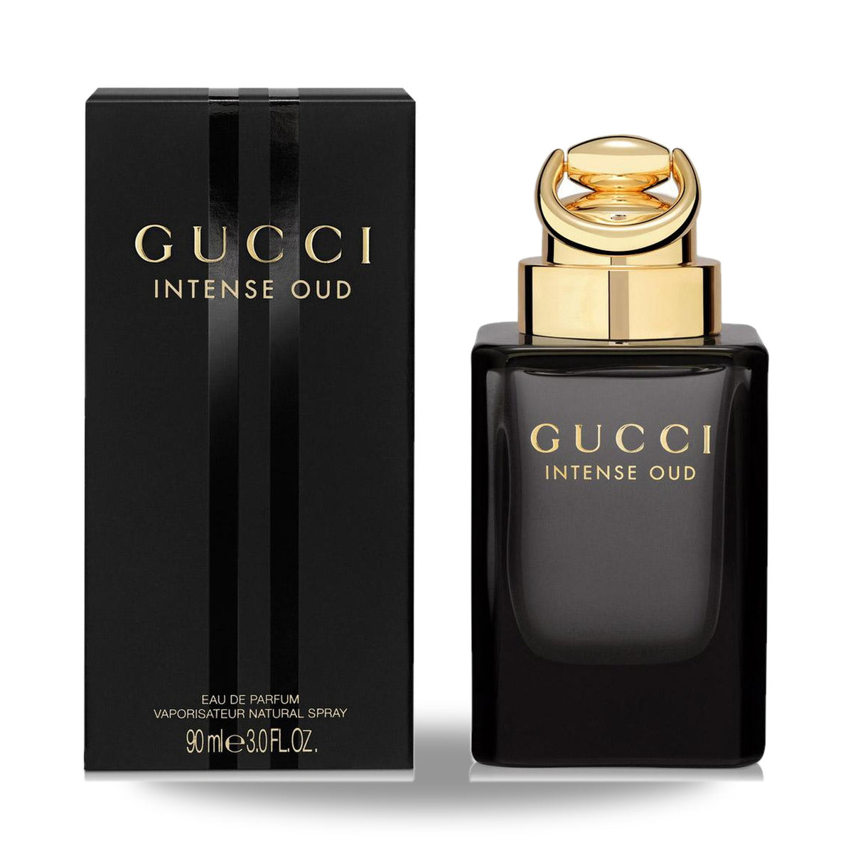 Gucci Intense Oud Parfum – 90ml bottle with retail packaging on white background