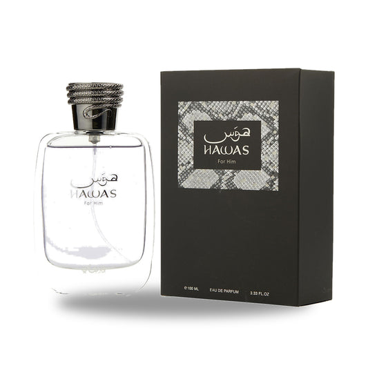 Rasasi Hawas For Him Eau de Parfum – 100ml bottle with retail packaging on white background