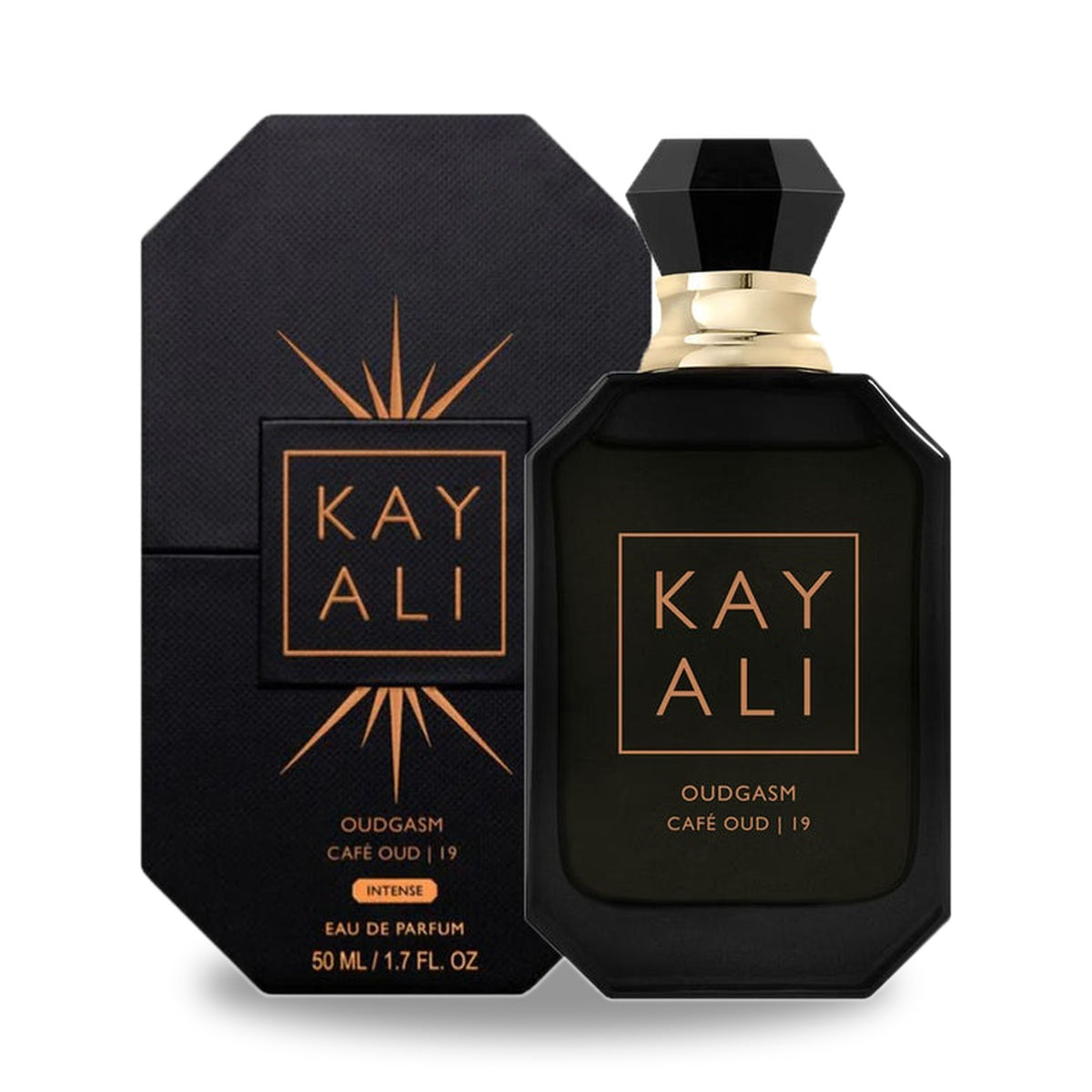 Kayali Oudgasm Café Oud | 19 Eau de Parfum – 100ml bottle with retail packaging on white background