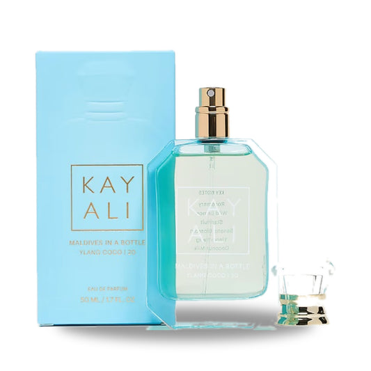 Kayali Maldives in a Bottle Ylang Coco | 20 Eau de Parfum – 100ml bottle with retail packaging on white background
