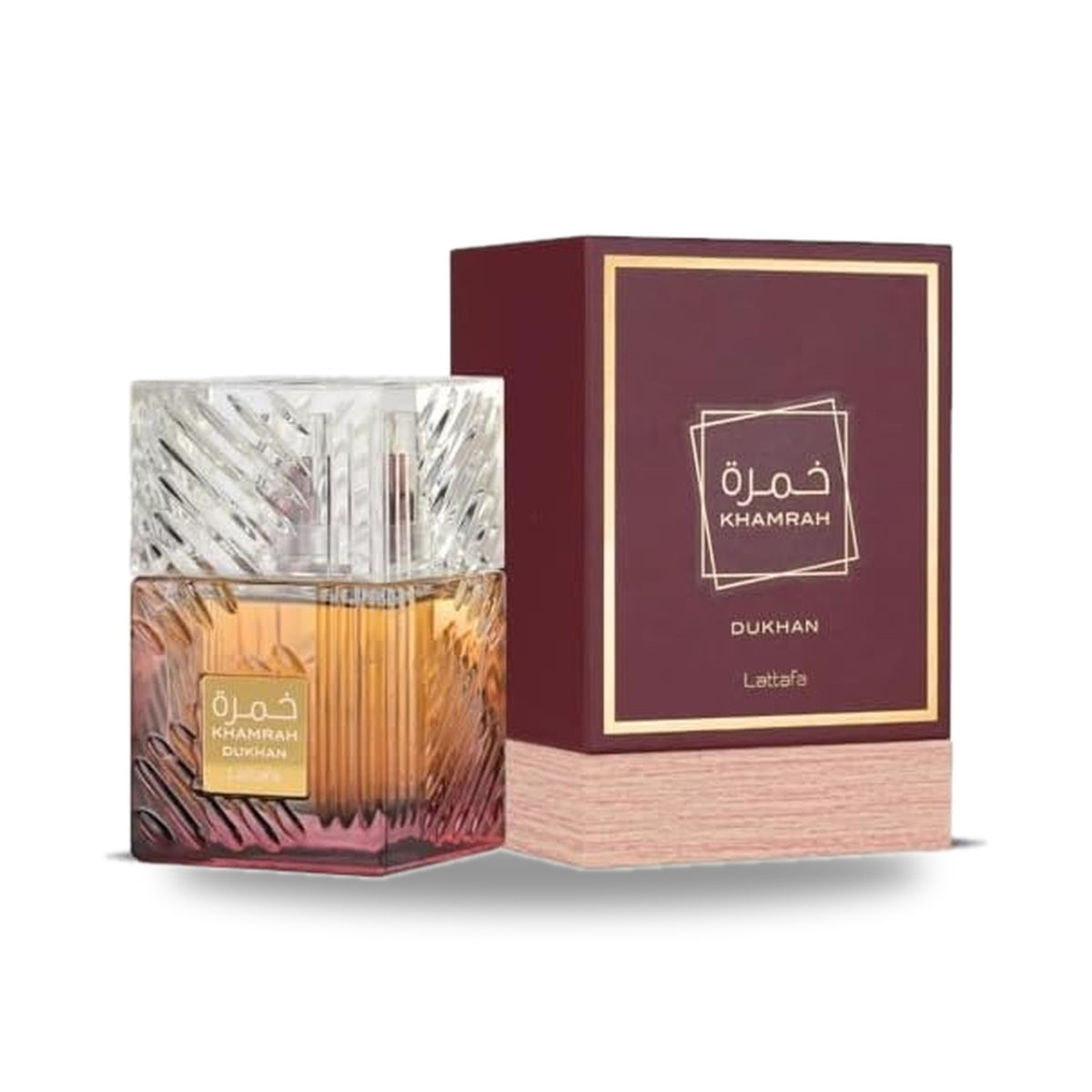 Lattafa Khamrah Dukhan Eau de Parfum – 100ml bottle with retail packaging on white background