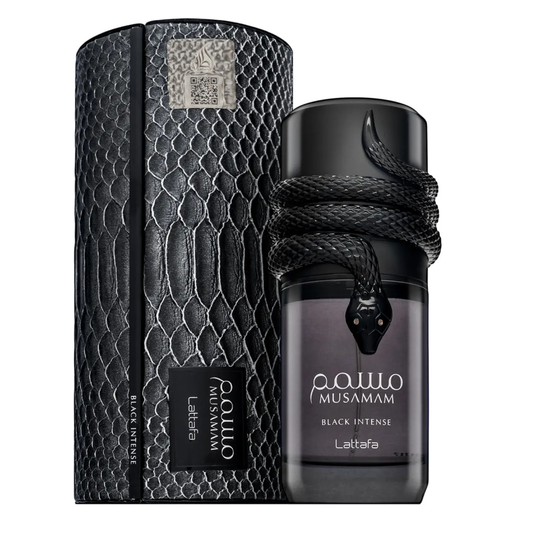 Lattafa Musamam Black Intense Eau de Parfum 100ml perfume bottle with original retail box on white background