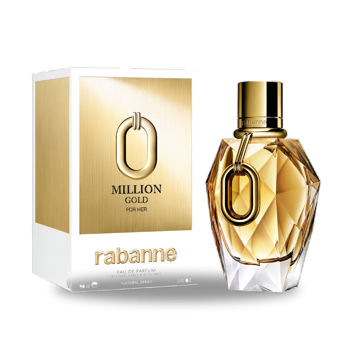 Rabanne Million Gold For Her Eau de Parfum – 90ml bottle with retail packaging on white background