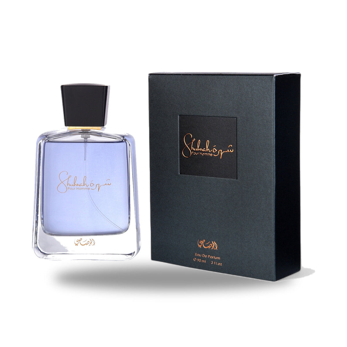 Rasasi Shuhrah Pour Homme Eau de Parfum – 90ml bottle with retail packaging on white background