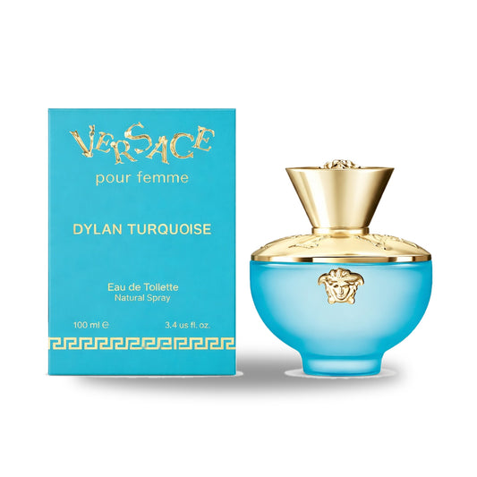 Versace Dylan Turquoise Eau de Parfum – 100ml bottle with retail packaging on white background